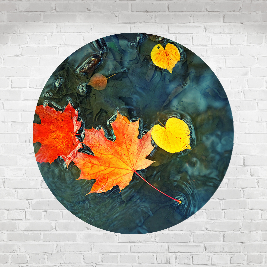 Muurcirkel Herfstbladeren in Donkerblauw Water