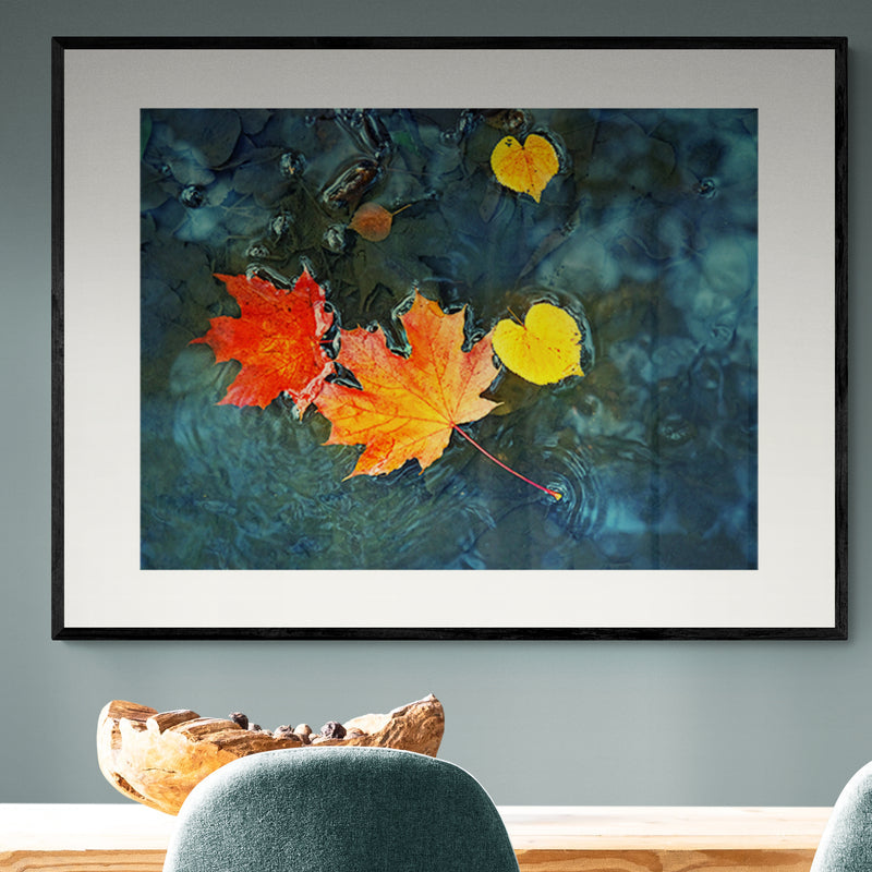 Poster in Lijst Herfstbladeren in Donkerblauw Water