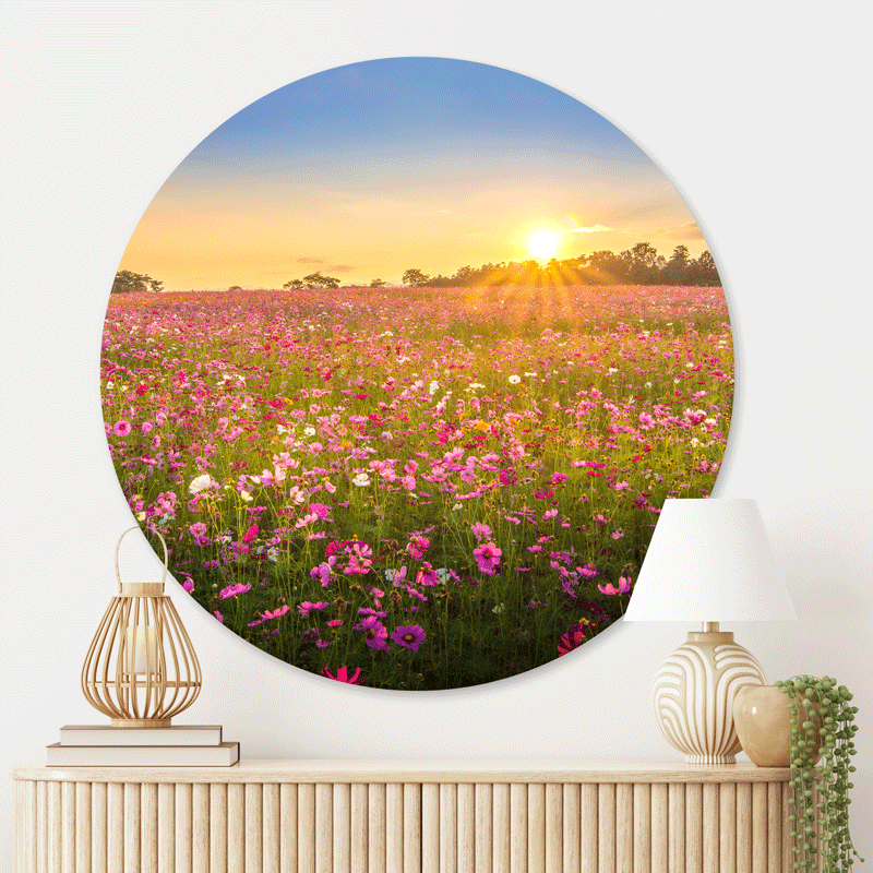 Schilderij Betoverende Bloemenveld bij Zonsondergang