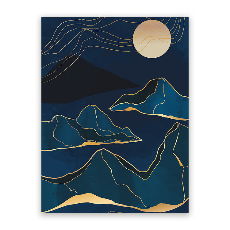 Schilderij Abstracte Bergen Blauw Goud 1