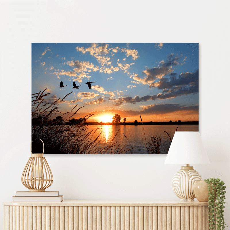 Schilderij Ganzen bij Zonsondergang