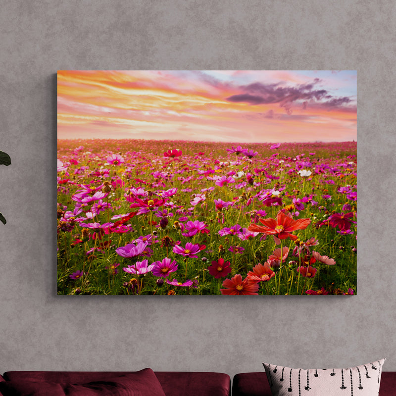 Schilderij Bloemenveld bij Zonsondergang