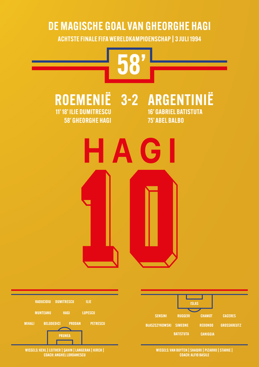 Poster in Lijst - Magische Doelpunt - Georghe Hagi -  Roemenië - Argentinië - WK 1994