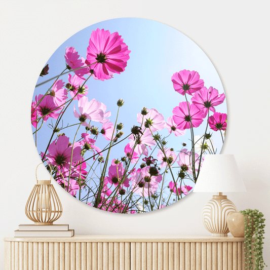 Muurcirkel Roze Bloemen en Blauwe Hemel
