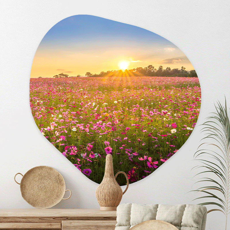Wanddecoratie Organisch Betoverend Bloemenveld bij Zonsondergang