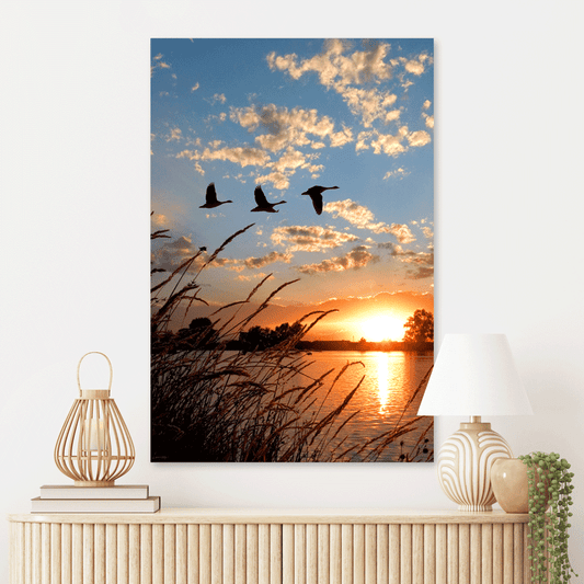 Schilderij Ganzen bij Zonsondergang