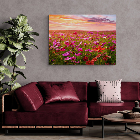Schilderij Bloemenveld bij Zonsondergang