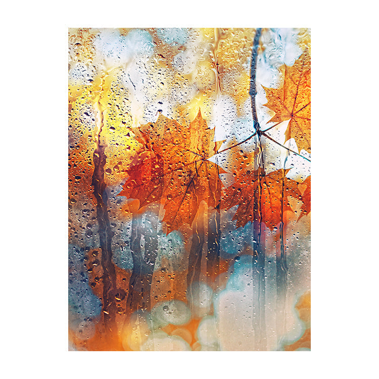 Schilderij Herfstbladeren achter regenachtig glas