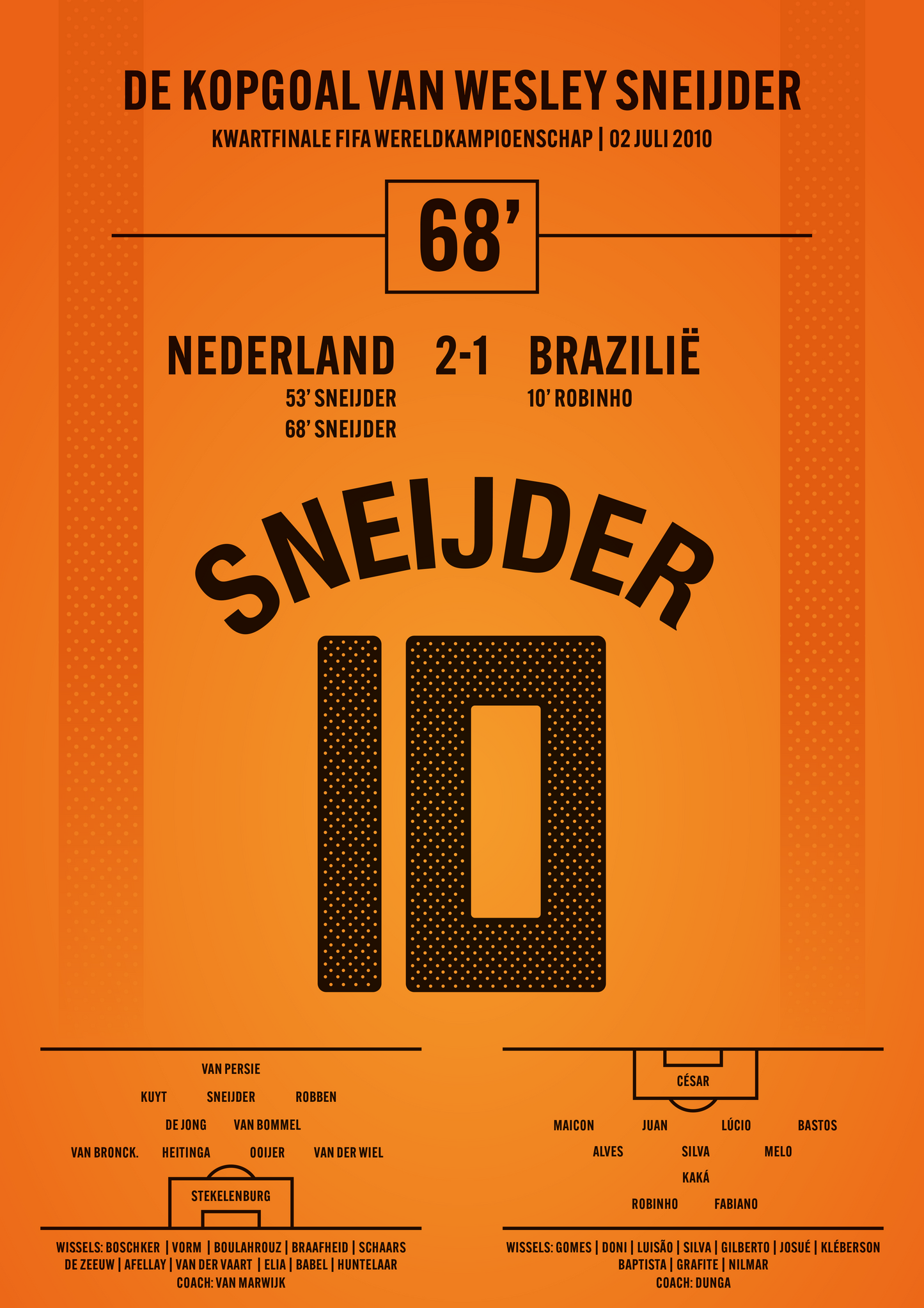 Poster in Lijst - Het Magische Hoofd van Sneijder - Nederland - Brazilië WK 2010
